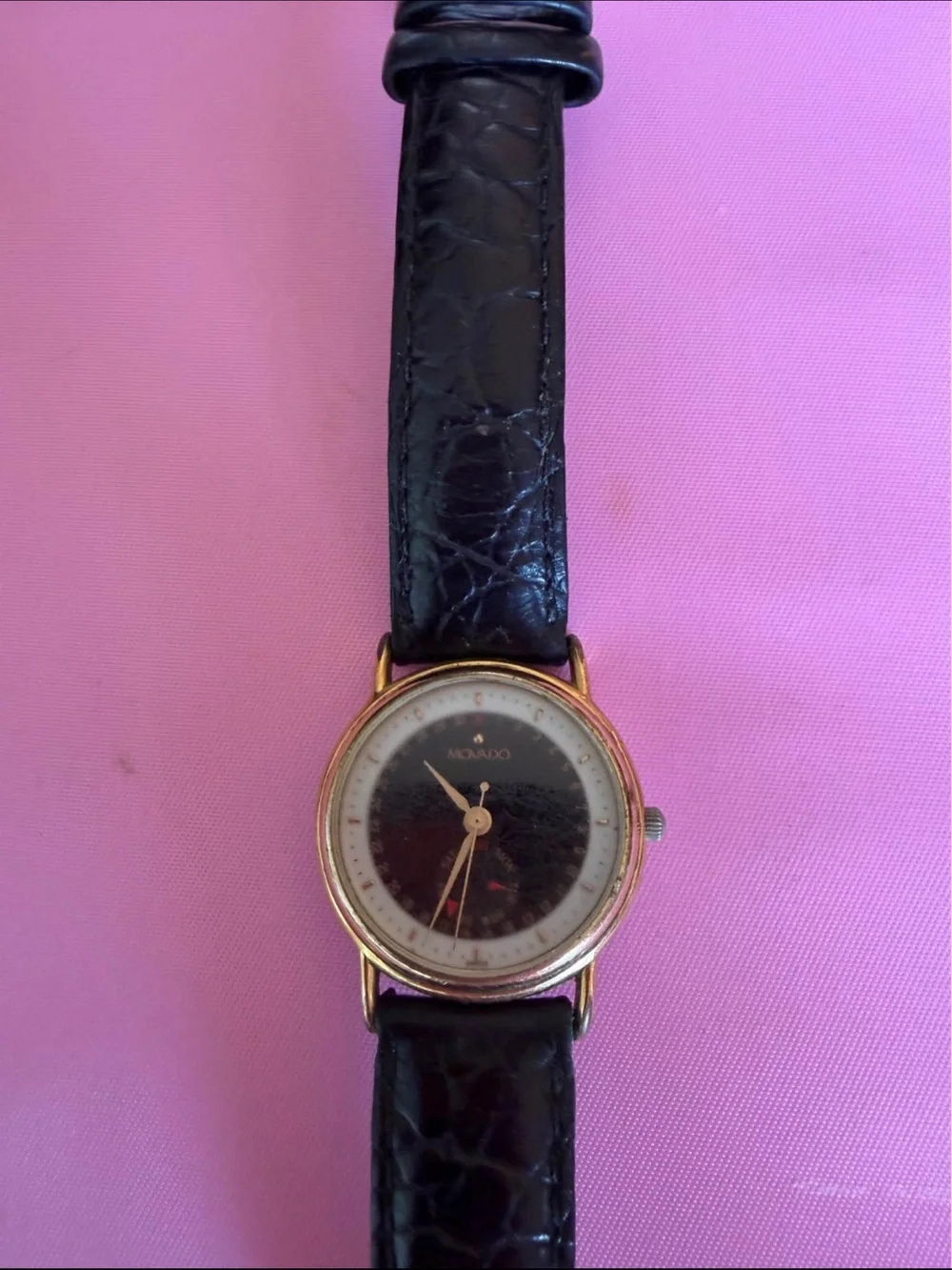 Movado Black Dial Gold-Tone Case Watch with Black Leather Strap